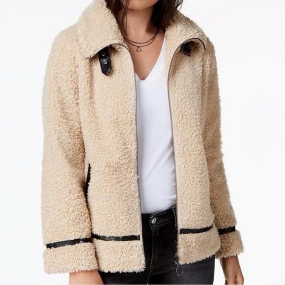 Madden Girl Tan Teddy Jacket with Black Accents - Picture 3 of 12